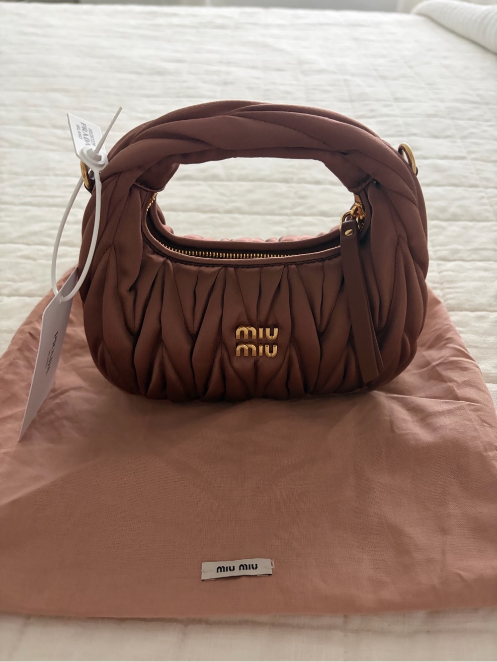 Miu Miu Brown Satin Matelassé Mini Hobo Bag